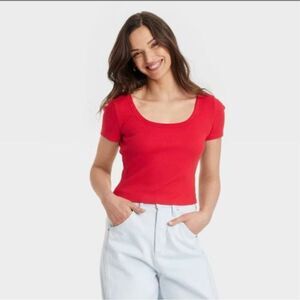 Universal Thread Red Cropped Ribbed Short Sleeve Top Size Medium